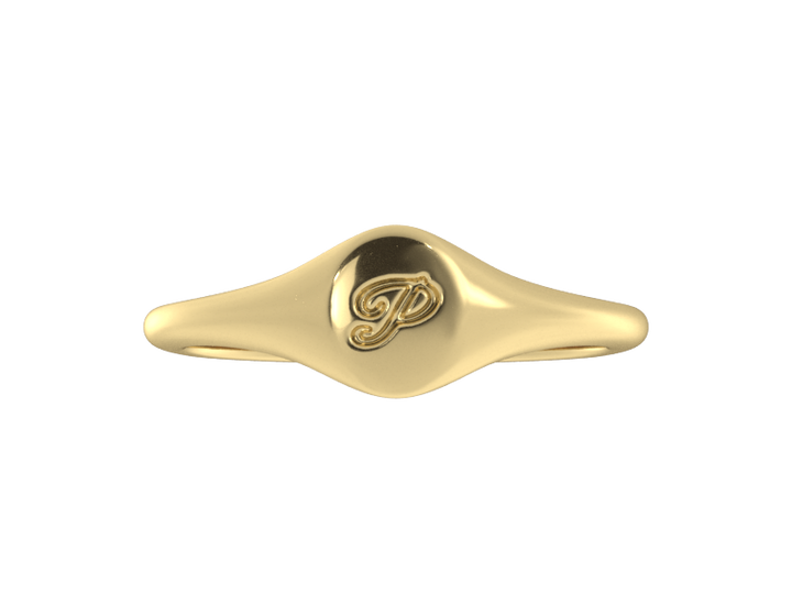 Minimalist ladies’ signet ring with custom script initial in solid 14K yellow gold. Dainty, heirloom-quality personalized jewelry for women.