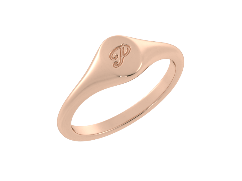 Minimalist ladies’ signet ring with custom script initial in solid 14K rose gold. Dainty, heirloom-quality personalized jewelry for women.