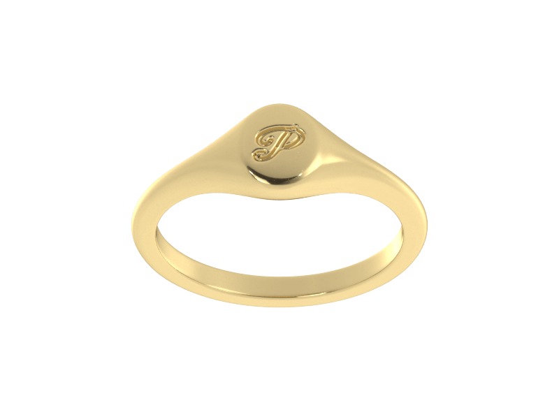 Minimalist ladies’ signet ring with custom script initial in solid 14K yellow gold. Dainty, heirloom-quality personalized jewelry for women.