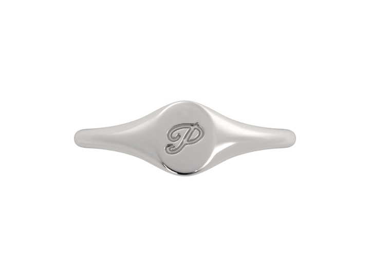 Minimalist ladies’ signet ring with custom script initial in solid gold or silver. Dainty, heirloom-quality personalized jewelry for women.