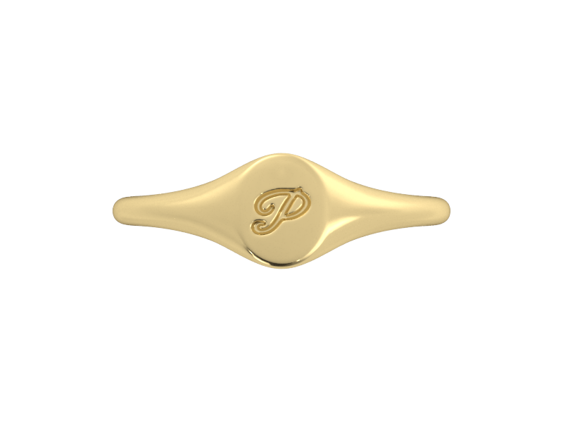 Minimalist ladies’ signet ring with custom script initial in solid 14K yellow gold. Dainty, heirloom-quality personalized jewelry for women.