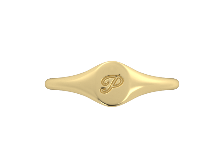 Minimalist ladies’ signet ring with custom script initial in solid 14K yellow gold. Dainty, heirloom-quality personalized jewelry for women.