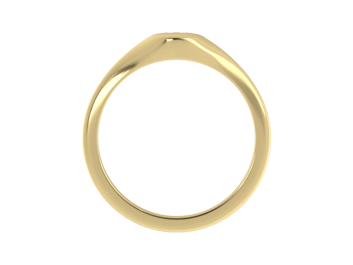 Minimalist ladies’ signet ring with custom script initial in solid 14K yellow gold. Dainty, heirloom-quality personalized jewelry for women.