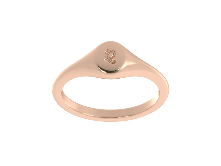 Minimalist ladies’ signet ring with custom script initial in solid 14K rose gold. Dainty, heirloom-quality personalized jewelry for women.