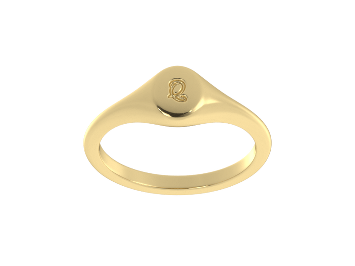 Minimalist ladies’ signet ring with custom script initial in solid 14K yellow gold. Dainty, heirloom-quality personalized jewelry for women.