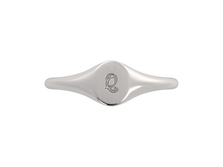 Minimalist ladies’ signet ring with custom script initial in solid gold or silver. Dainty, heirloom-quality personalized jewelry for women.