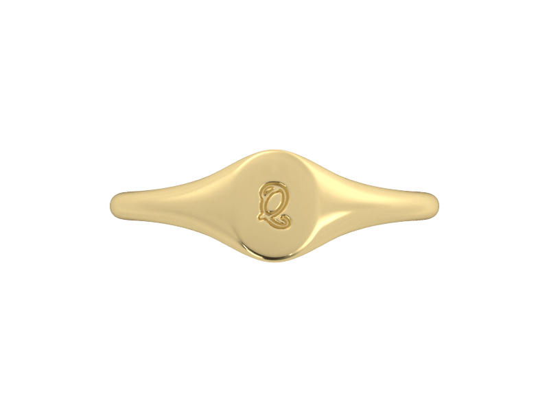 Minimalist ladies’ signet ring with custom script initial in solid 14K yellow gold. Dainty, heirloom-quality personalized jewelry for women.