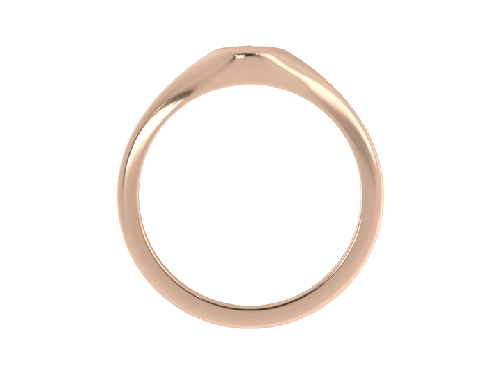 Minimalist ladies’ signet ring with custom script initial in solid 14K rose gold. Dainty, heirloom-quality personalized jewelry for women.