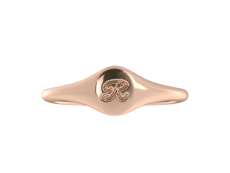 Minimalist ladies’ signet ring with custom script initial in solid 14K rose gold. Dainty, heirloom-quality personalized jewelry for women.