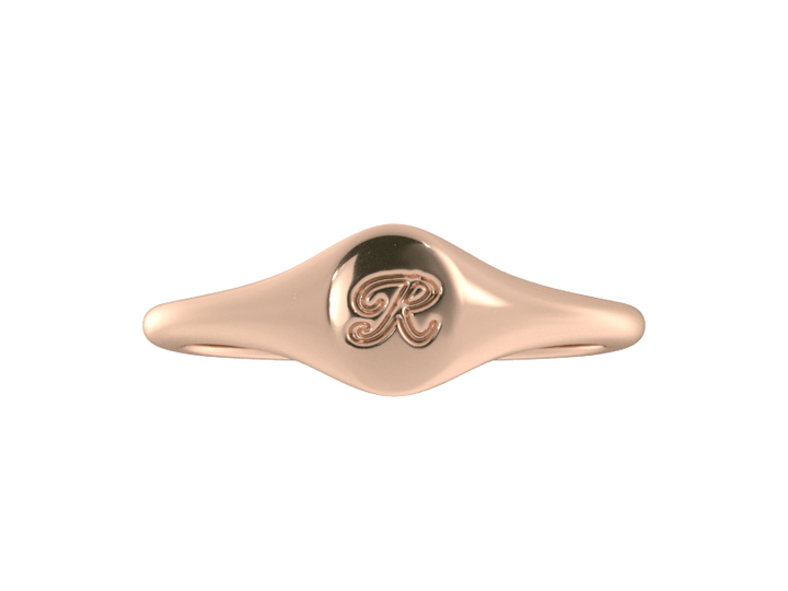 Minimalist ladies’ signet ring with custom script initial in solid 14K rose gold. Dainty, heirloom-quality personalized jewelry for women.