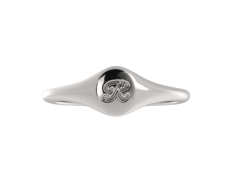 Minimalist ladies’ signet ring with custom script initial in solid gold or silver. Dainty, heirloom-quality personalized jewelry for women.
