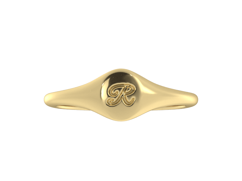 Minimalist ladies’ signet ring with custom script initial in solid 14K yellow gold. Dainty, heirloom-quality personalized jewelry for women.