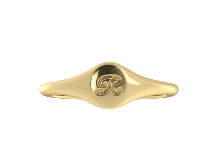 Minimalist ladies’ signet ring with custom script initial in solid 14K yellow gold. Dainty, heirloom-quality personalized jewelry for women.