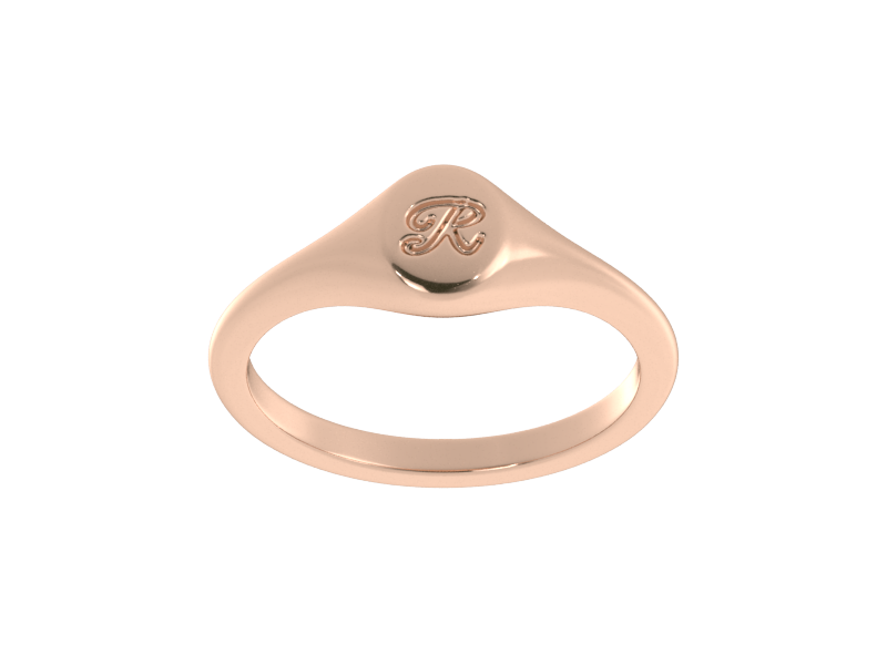 Minimalist ladies’ signet ring with custom script initial in solid 14K rose gold. Dainty, heirloom-quality personalized jewelry for women.