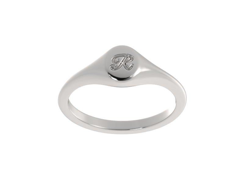 Minimalist ladies’ signet ring with custom script initial in solid gold or silver. Dainty, heirloom-quality personalized jewelry for women.