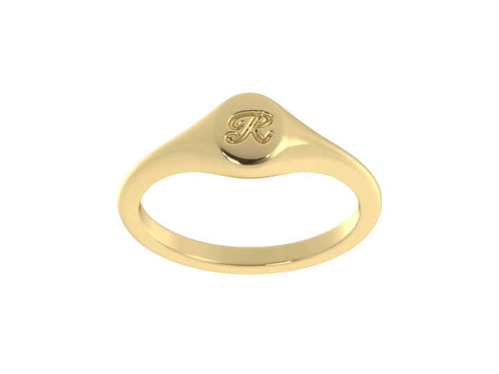 Minimalist ladies’ signet ring with custom script initial in solid 14K yellow gold. Dainty, heirloom-quality personalized jewelry for women.