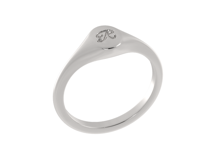 Minimalist ladies’ signet ring with custom script initial in solid gold or silver. Dainty, heirloom-quality personalized jewelry for women.