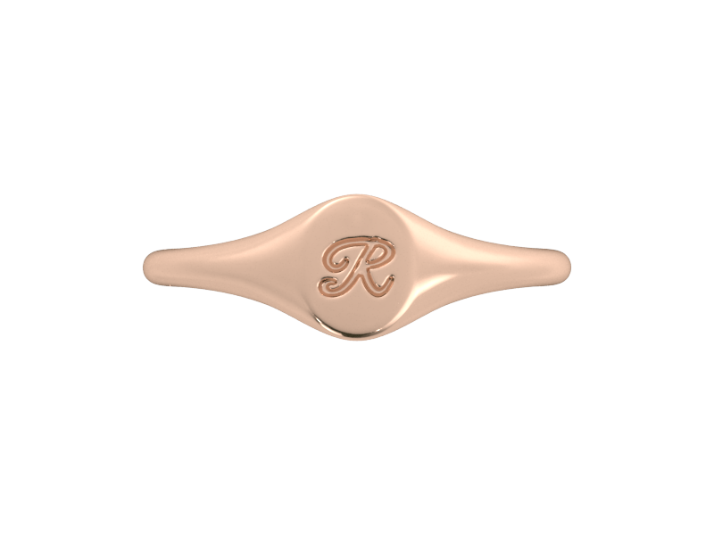Minimalist ladies’ signet ring with custom script initial in solid 14K rose gold. Dainty, heirloom-quality personalized jewelry for women.