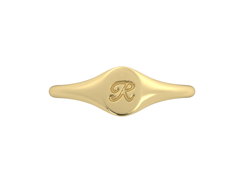 Minimalist ladies’ signet ring with custom script initial in solid 14K yellow gold. Dainty, heirloom-quality personalized jewelry for women.