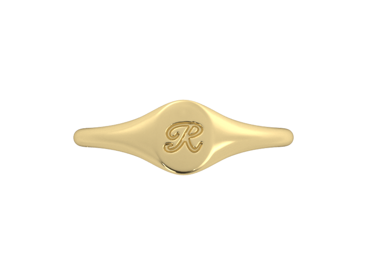 Minimalist ladies’ signet ring with custom script initial in solid 14K yellow gold. Dainty, heirloom-quality personalized jewelry for women.
