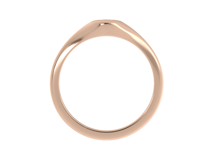 Minimalist ladies’ signet ring with custom script initial in solid 14K rose gold. Dainty, heirloom-quality personalized jewelry for women.