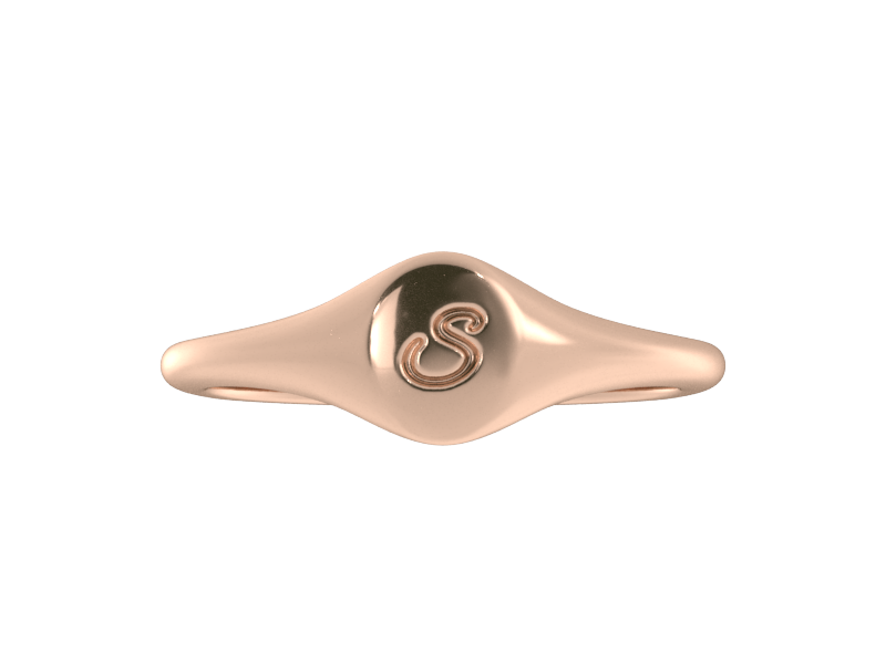 Minimalist ladies’ signet ring with custom script initial in solid 14K rose gold. Dainty, heirloom-quality personalized jewelry for women.