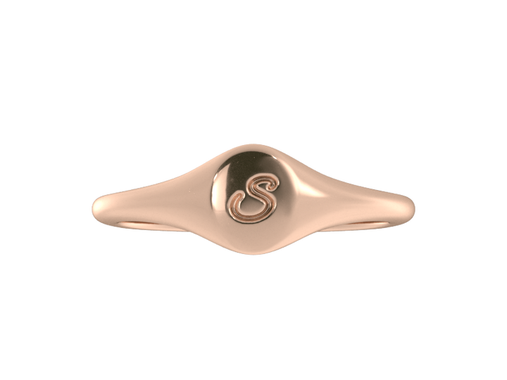Minimalist ladies’ signet ring with custom script initial in solid 14K rose gold. Dainty, heirloom-quality personalized jewelry for women.