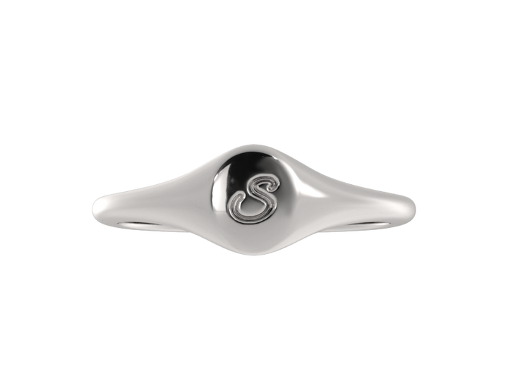 Minimalist ladies’ signet ring with custom script initial in solid gold or silver. Dainty, heirloom-quality personalized jewelry for women.