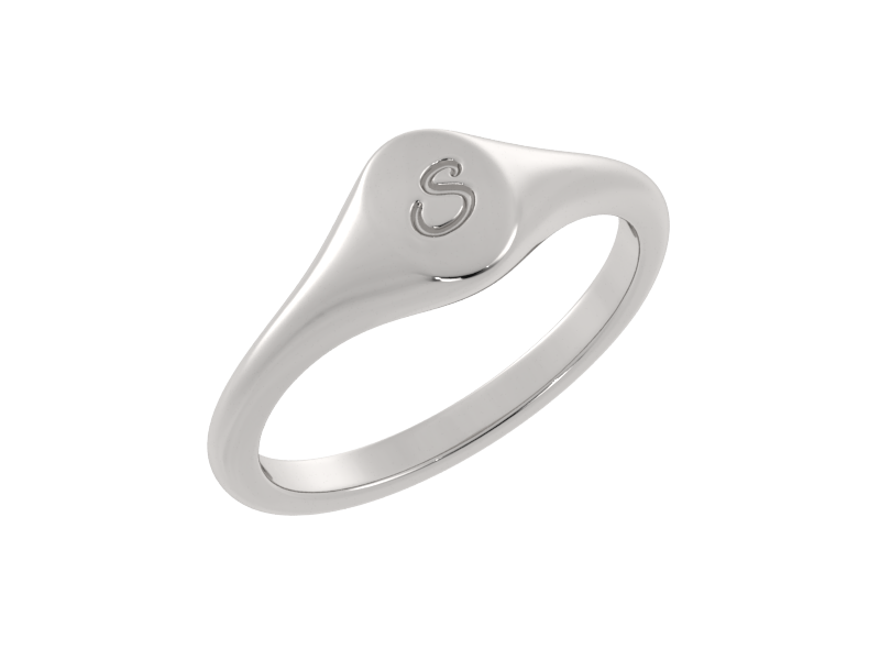 Minimalist ladies’ signet ring with custom script initial in solid gold or silver. Dainty, heirloom-quality personalized jewelry for women.