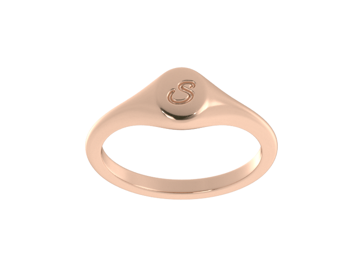 Minimalist ladies’ signet ring with custom script initial in solid 14K rose gold. Dainty, heirloom-quality personalized jewelry for women.
