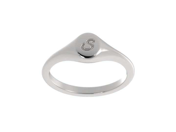 Minimalist ladies’ signet ring with custom script initial in solid gold or silver. Dainty, heirloom-quality personalized jewelry for women.