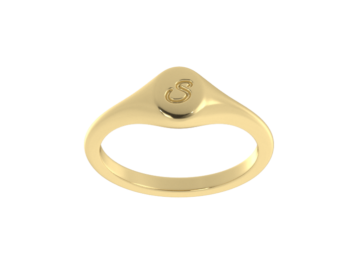 Minimalist ladies’ signet ring with custom script initial in solid 14K yellow gold. Dainty, heirloom-quality personalized jewelry for women.