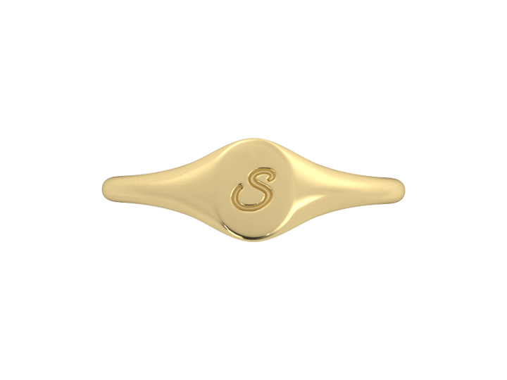 Minimalist ladies’ signet ring with custom script initial in solid 14K yellow gold. Dainty, heirloom-quality personalized jewelry for women.