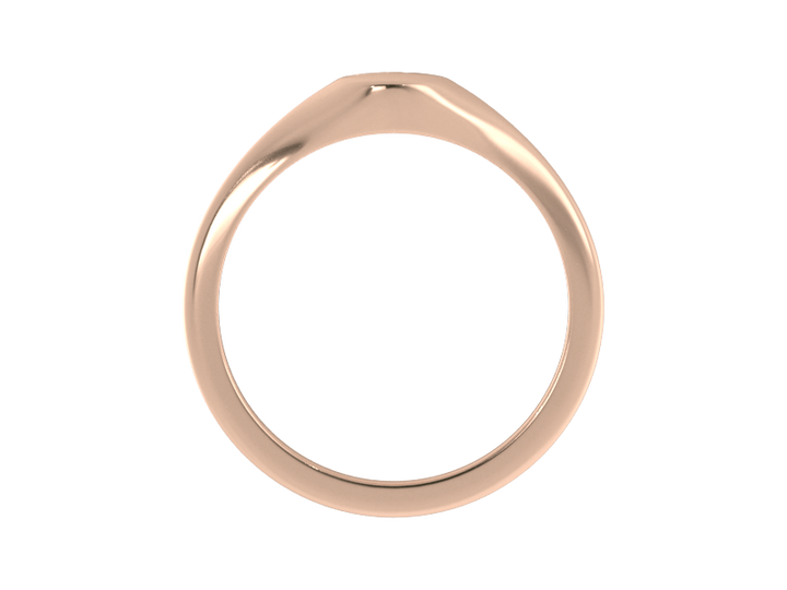Minimalist ladies’ signet ring with custom script initial in solid 14K rose gold. Dainty, heirloom-quality personalized jewelry for women.