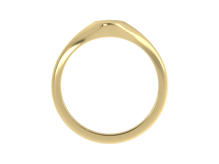 Minimalist ladies’ signet ring with custom script initial in solid 14K yellow gold. Dainty, heirloom-quality personalized jewelry for women.