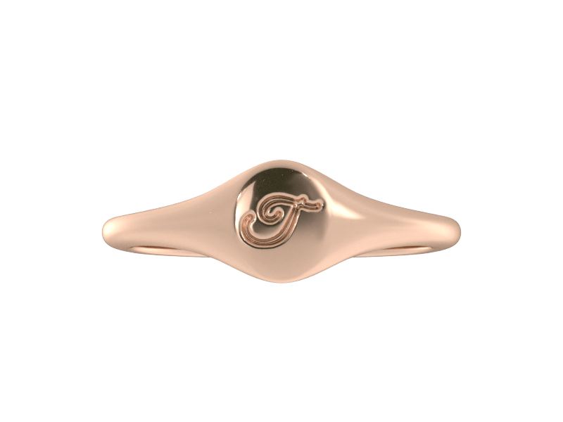 Minimalist ladies’ signet ring with custom script initial in solid 14K rose gold. Dainty, heirloom-quality personalized jewelry for women.