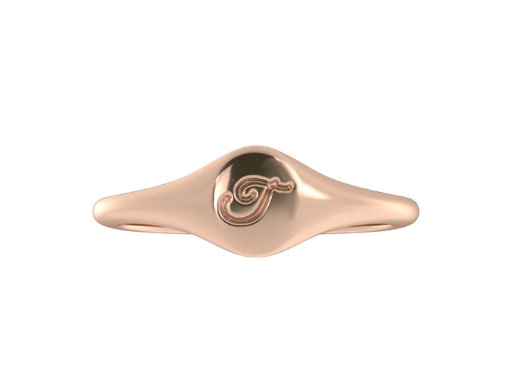 Minimalist ladies’ signet ring with custom script initial in solid 14K rose gold. Dainty, heirloom-quality personalized jewelry for women.