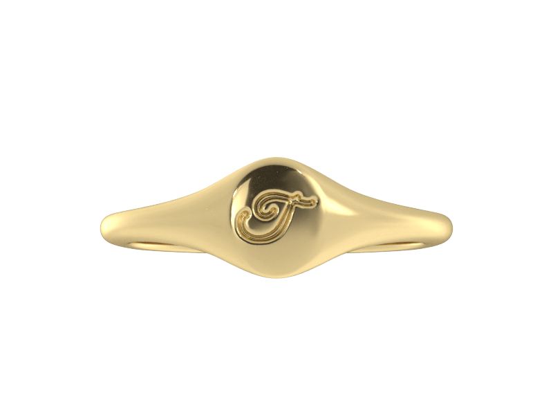 Minimalist ladies’ signet ring with custom script initial in solid 14K yellow gold. Dainty, heirloom-quality personalized jewelry for women.