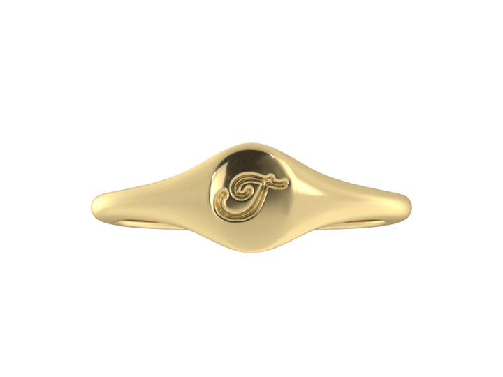 Minimalist ladies’ signet ring with custom script initial in solid 14K yellow gold. Dainty, heirloom-quality personalized jewelry for women.