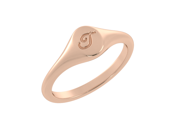 Minimalist ladies’ signet ring with custom script initial in solid 14K rose gold. Dainty, heirloom-quality personalized jewelry for women.