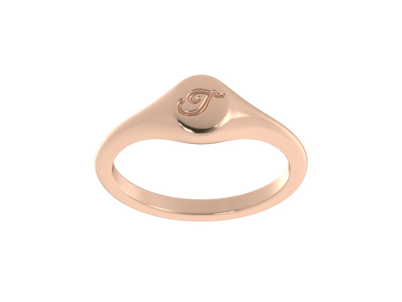 Minimalist ladies’ signet ring with custom script initial in solid 14K rose gold. Dainty, heirloom-quality personalized jewelry for women.
