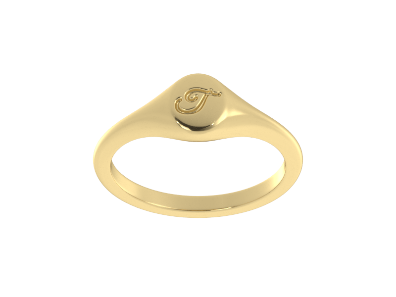 Minimalist ladies’ signet ring with custom script initial in solid 14K yellow gold. Dainty, heirloom-quality personalized jewelry for women.