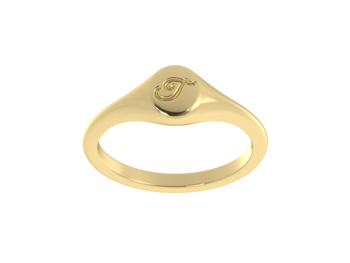 Minimalist ladies’ signet ring with custom script initial in solid 14K yellow gold. Dainty, heirloom-quality personalized jewelry for women.