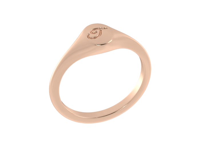 Minimalist ladies’ signet ring with custom script initial in solid 14K rose gold. Dainty, heirloom-quality personalized jewelry for women.