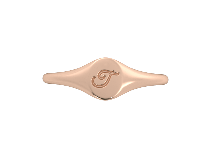 Minimalist ladies’ signet ring with custom script initial in solid 14K rose gold. Dainty, heirloom-quality personalized jewelry for women.