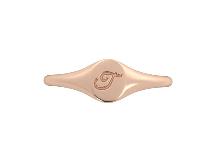 Minimalist ladies’ signet ring with custom script initial in solid 14K rose gold. Dainty, heirloom-quality personalized jewelry for women.