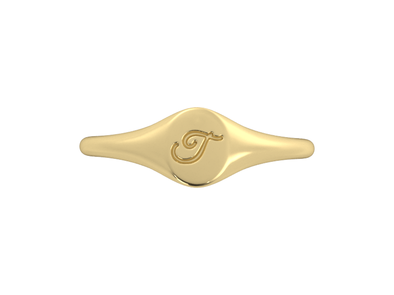 Minimalist ladies’ signet ring with custom script initial in solid 14K yellow gold. Dainty, heirloom-quality personalized jewelry for women.