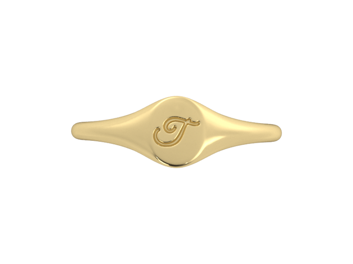 Minimalist ladies’ signet ring with custom script initial in solid 14K yellow gold. Dainty, heirloom-quality personalized jewelry for women.