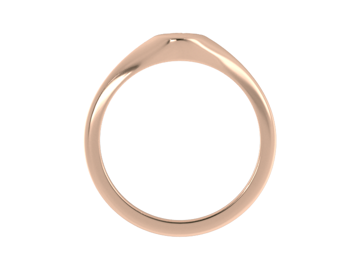 Minimalist ladies’ signet ring with custom script initial in solid 14K rose gold. Dainty, heirloom-quality personalized jewelry for women.