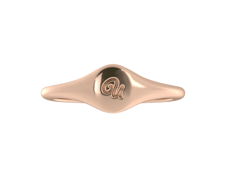 Minimalist ladies’ signet ring with custom script initial in solid 14K rose gold. Dainty, heirloom-quality personalized jewelry for women.